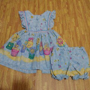 Daisy Kingdom Vintage Handmade Blue Floral Baby Dress and Bloomers Set Size 3/4